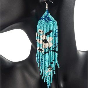 Long 5.5" Japanese White Blue Sakura Blossom Handmade Flower Oversized Earrings